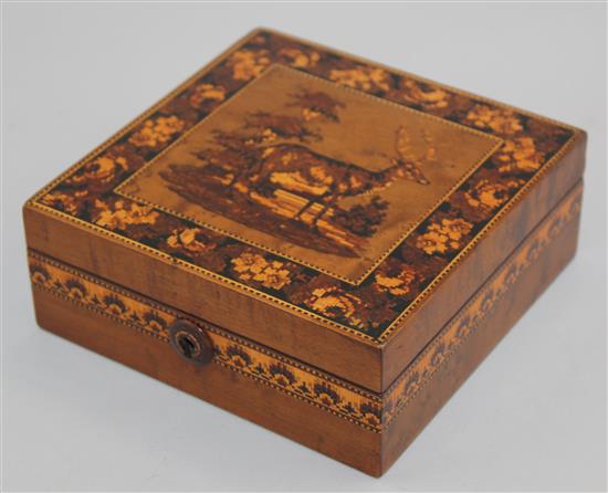 A Tunbridge Ware birds eye maple stag mosaic handkerchief box, 9in.